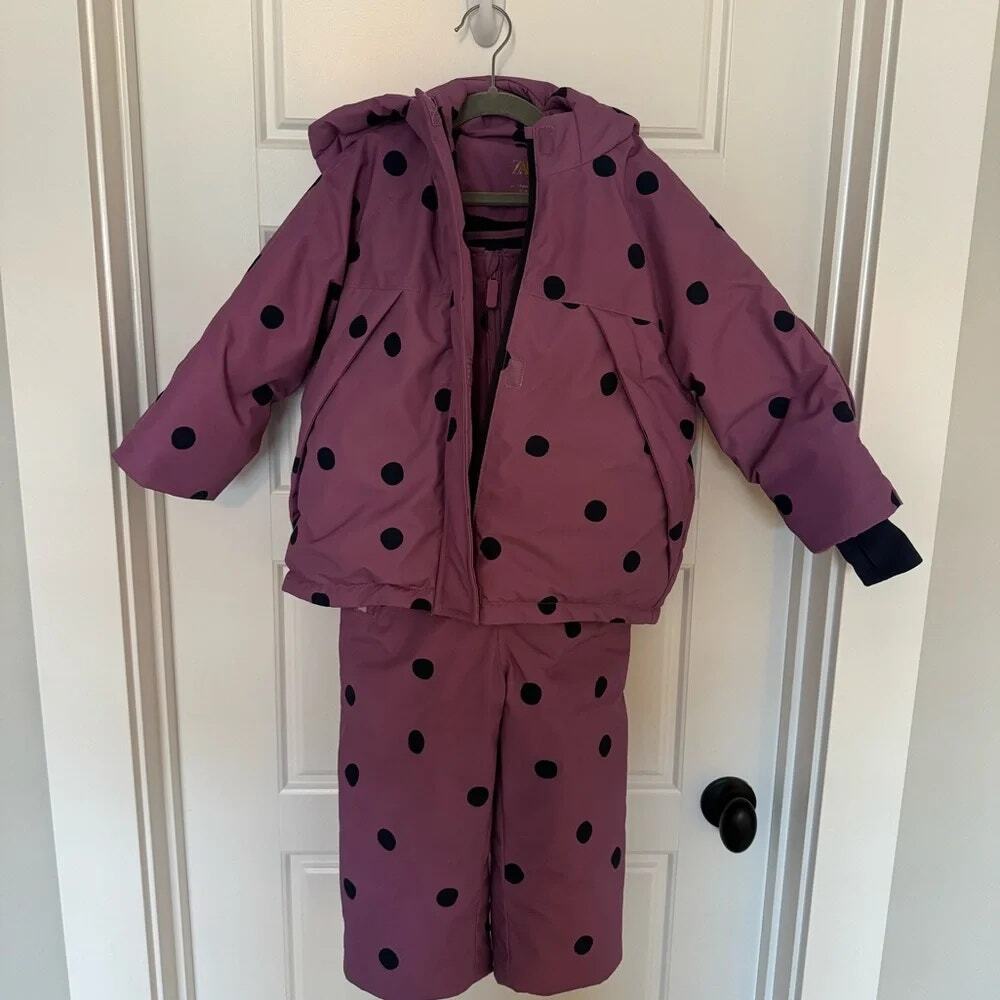 ZARA Kids Purple Polka Dot Puffer Jacket and Snow Bibs Snowsuit Set 3-4Y